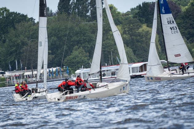 Team Garda Girls on boat 17 in race 62 Helga Cup 2026 sailing regatta on the Hamburg Outer Alster, Hamburg Hamburg Germany Outer Alster