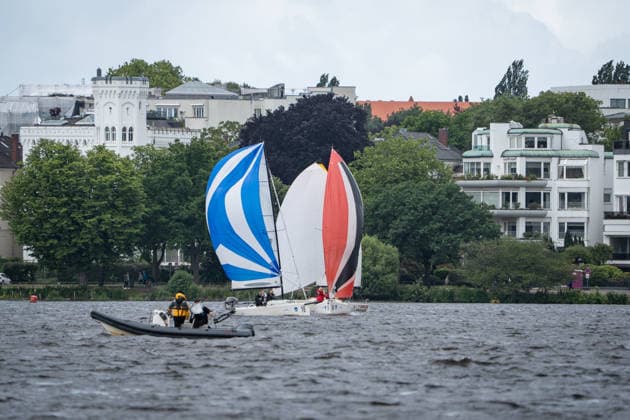 Team Garda Girls on boat 17 in race 62 Helga Cup 2026 sailing regatta on the Hamburg Outer Alster, Hamburg Hamburg Germany Outer Alster