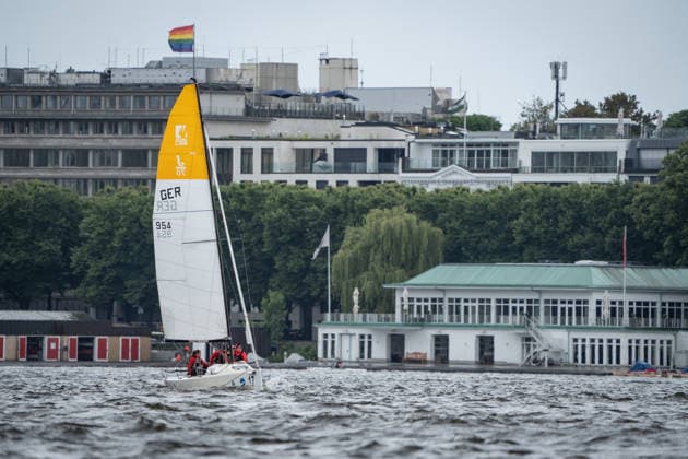 Team Garda Girls on boat 17 in race 62 Helga Cup 2026 sailing regatta on the Hamburg Outer Alster, Hamburg Hamburg Germany Outer Alster