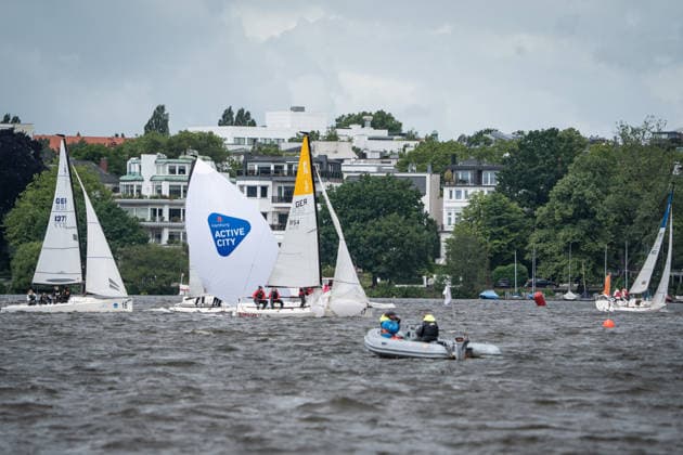 Team Garda Girls on boat 17 in race 62 Helga Cup 2026 sailing regatta on the Hamburg Outer Alster, Hamburg Hamburg Germany Outer Alster