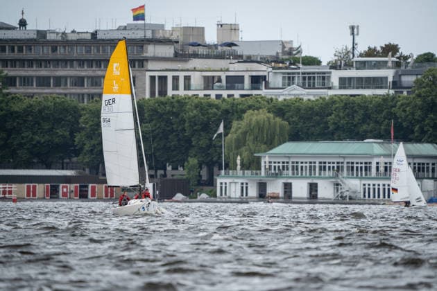 Team Garda Girls on boat 17 in race 62 Helga Cup 2026 sailing regatta on the Hamburg Outer Alster, Hamburg Hamburg Germany Outer Alster