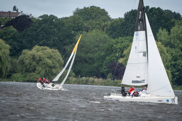 Team Garda Girls on boat 17 in race 62 Helga Cup 2026 sailing regatta on the Hamburg Outer Alster, Hamburg Hamburg Germany Outer Alster