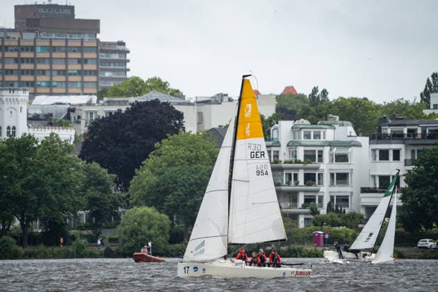 Team Garda Girls on boat 17 in race 62 Helga Cup 2026 sailing regatta on the Hamburg Outer Alster, Hamburg Hamburg Germany Outer Alster