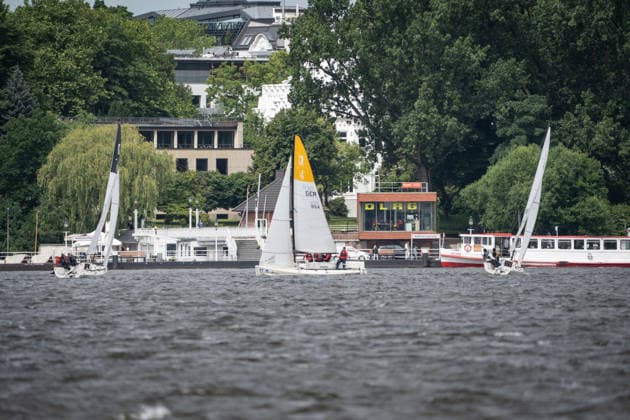 Team Garda Girls on boat 17 in race 62 Helga Cup 2026 sailing regatta on the Hamburg Outer Alster, Hamburg Hamburg Germany Outer Alster