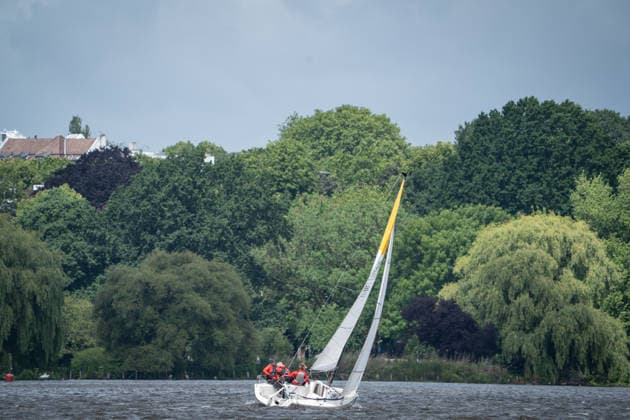 Team Garda Girls on boat 17 in race 62 Helga Cup 2026 sailing regatta on the Hamburg Outer Alster, Hamburg Hamburg Germany Outer Alster