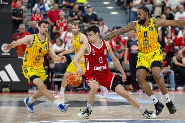 Jonas Mattisseck 9 Alba Berlin , Neno Dimitrijevic 0 FC Bayern Basketball , J wan Roberts 13 Alba Berlin , FC Bayern Basketball vs Alba Berlin, BBL, Final 2, 14 06 2026 Munich Bavaria Germany Copyright: xkolbert-press UlrichxGamelx