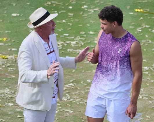 14 06 2026, Boss Open 2026, ATP Tour 250 Stuttgart, TTC Weissenhof, Tennis, Sport, in the picture Boris Becker and Ben Shelton in conversation