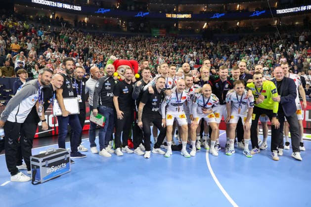 14 06 2026, xgox, Handball EHF Champions League match for 3rd place SC Magdeburg Aalborg Handbold v l Victory selfie, cheering about the victory, cheering after the end of the match Cologne