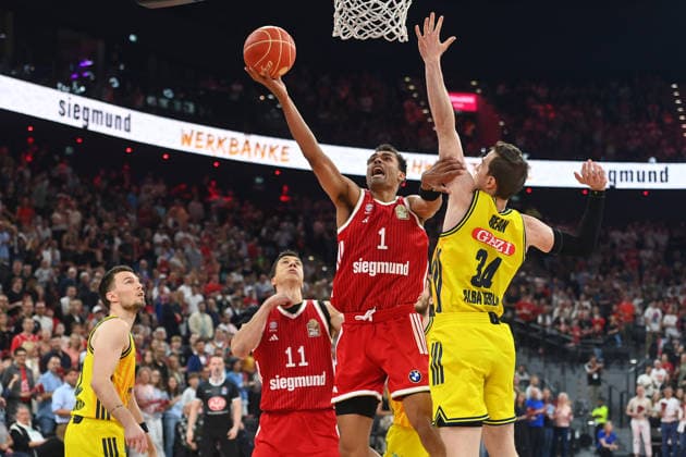 Oscar DA SILVA FCB , action,duel against Jusatin BEAN Alba Berlin Basketball BBL,Season 2025 2026 Play Off Final Game 2, FC Bayern Muenchen Alba Berlin on 14 06 2026 S A P G A R D EN