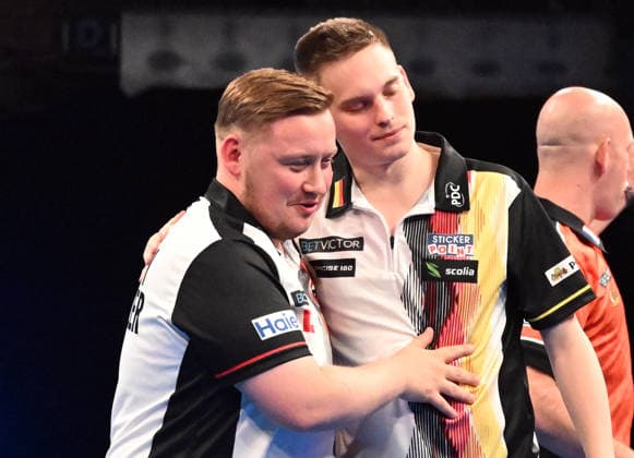 14 06 2026, xhbx, Dart World Cup of Darts 2026, v l Martin Schindler Germany , Ricardo Pietreczko Germany after the end of the match DFL DFB REGULATIONS PROHIBIT ANY USE OF PHOTOGRAPHS as IMAGE SEQUENCES and or QUASI VIDEO Frankfurt
