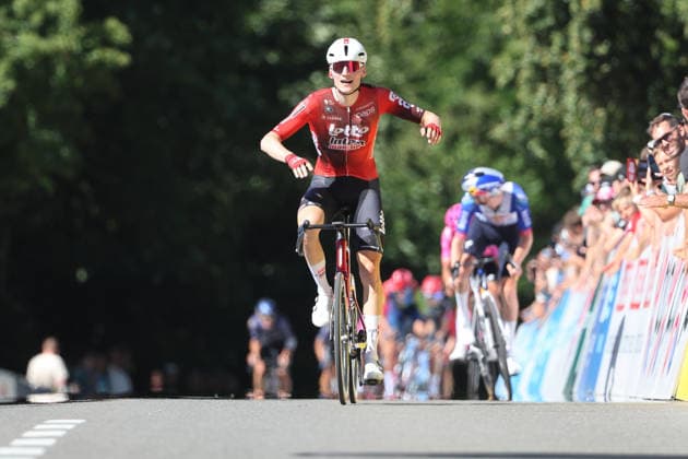 14 06 2026 Leuggern AG , SWITZERLAND, 62 GP Gippingen Winner Liam Slock BEL Team Lotto Intermarche crosses the finish line