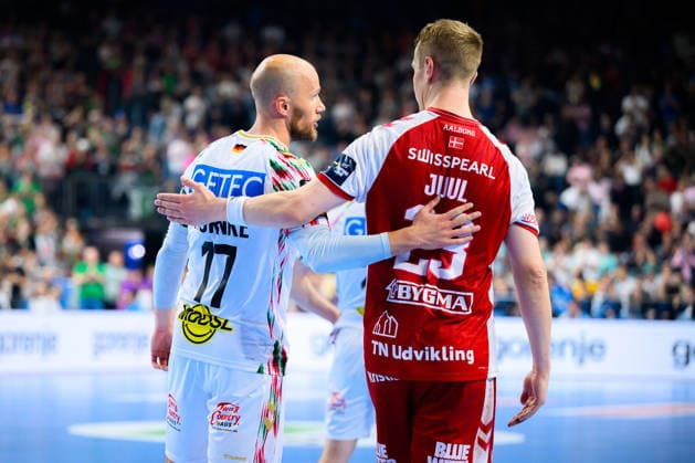 Cologne, Germany Handball EHF CL Final 4 Match 3rd place Aalborg Handbold SC Magdeburg Tim Hornke SC Magdeburg , Buster Juul Lassen Aalborg Cologne Lanxess Arena Nordrhein Westfalen Germany