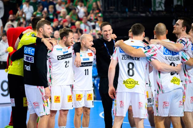 Cologne, Germany Handball EHF CL Final 4 Match 3rd place Aalborg Handbold SC Magdeburg Albin Lagergren SC Magdeburg , Daniel Pettersson SC Magdeburg , Final cheer Final cheer Emotion Joy Cologne Lanxess Arena North Rhine-Westphalia Germany