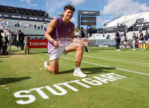 Stuttgart , Tennis , BOSS Open Final , Winner Ben Shelton USA celebrates victory with his trophy