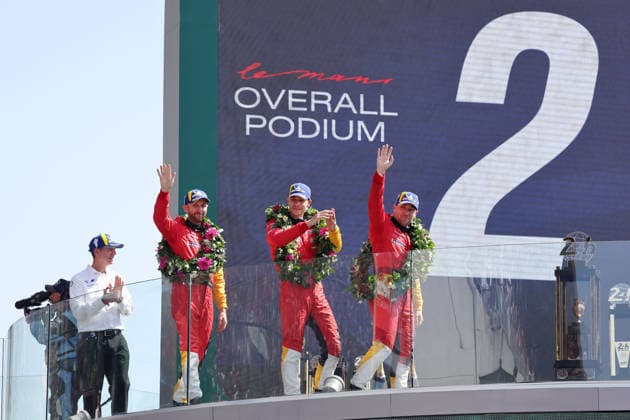 Frank van Meel NED BMW M boss, second overall Rene Rast GER Sheldon van der Linde RSA Robin Frijns NED BMW M Hybrid V8 20 on the podium, Race, 24 Hours of Le Mans, France, WEC World Endurance Championship, 14 06 2026,