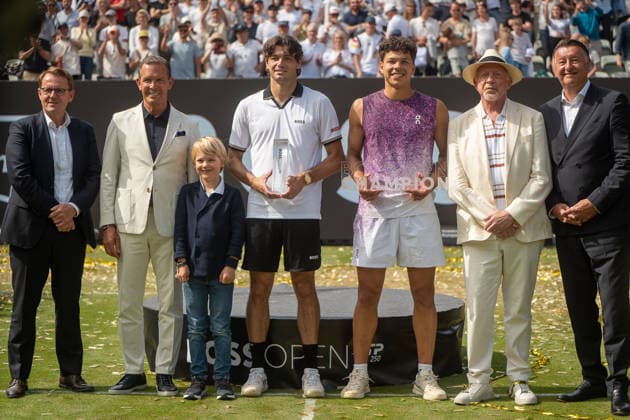 Martin Kunz 1 Chairman TC Weissendorf , Daniel Grieder CEO Hugo Boss , Taylor Fritz, Ben Shelton, Boris Becker Tennis legend , Edwin Weindorfer CEO Emotion Group , Ben Shelton vs Taylor Fritz, Tennis, ATP Tournament, Boss Open, Center Court, Final, 14 06 2026, Ben Shelton vs Taylor Fritz, Tennis, ATP Tournament, Boss Open, Center Court, Final, 14 06 2026, Stuttgart Copyright: xEibner-Pressefoto EdwardxCheungx EP_ECG