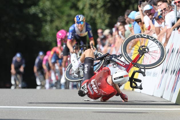 14 06 2026 Leuggern AG , SWITZERLAND, 62 GP Gippingen Winner Liam Slock BEL Team Lotto Intermarche crosses the finish line