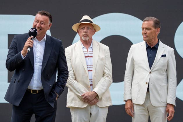 Edwin Weindorfer CEO Emotion Group , Boris Becker tennis legend , Daniel Grieder CEO Hugo Boss , Ben Shelton vs Taylor Fritz, Tennis, ATP Tournament, Boss Open, Center Court, Final, 14 06 2026, Ben Shelton vs Taylor Fritz, Tennis, ATP Tournament, Boss Open, Center Court, Final, 14 06 2026, Stuttgart Copyright: xEibner-Pressefoto EdwardxCheungx EP_ECG