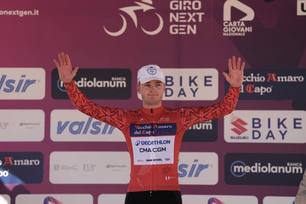Norway s Kasper Haugland of Decathlon CMA CGM Development Team winner of stage red jersey during Stage 1 of the Giro Next Generation from Reggio Calabria to Vibo Valentia Italy, Saturday June 14, 2026(Photo Massimo Paolone LaPresse)  Copyright: xMassimoxPaolone LaPressex
