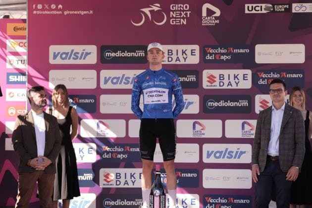 Norway s Kasper Haugland of Decathlon CMA CGM Development Team winner of stage blue jersey during Stage 1 of the Giro Next Generation from Reggio Calabria to Vibo Valentia Italy, Saturday June 14, 2026(Photo Massimo Paolone LaPresse)  Copyright: xMassimoxPaolone LaPressex