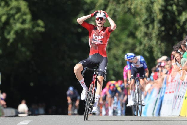 14 06 2026 Leuggern AG , SWITZERLAND, 62 GP Gippingen Winner Liam Slock BEL Team Lotto Intermarche crosses the finish line