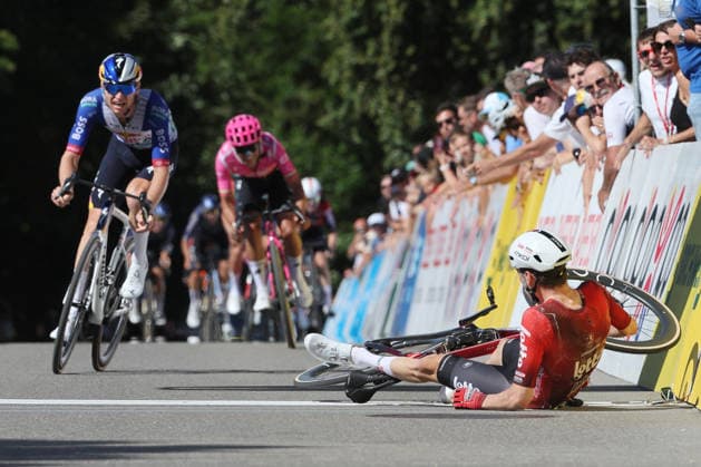 14 06 2026 Leuggern AG , SWITZERLAND, 62 GP Gippingen Winner Liam Slock BEL Team Lotto Intermarche crosses the finish line