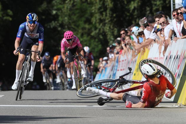 14 06 2026 Leuggern AG , SWITZERLAND, 62 GP Gippingen Winner Liam Slock BEL Team Lotto Intermarche crosses the finish line