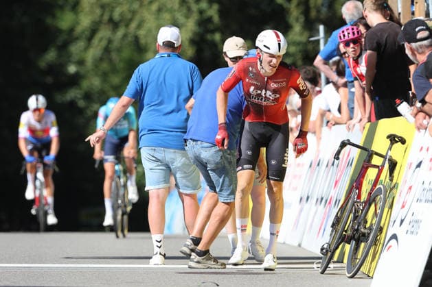 14 06 2026 Leuggern AG , SWITZERLAND, 62 GP Gippingen Winner Liam Slock BEL Team Lotto Intermarche after crossing the finish line