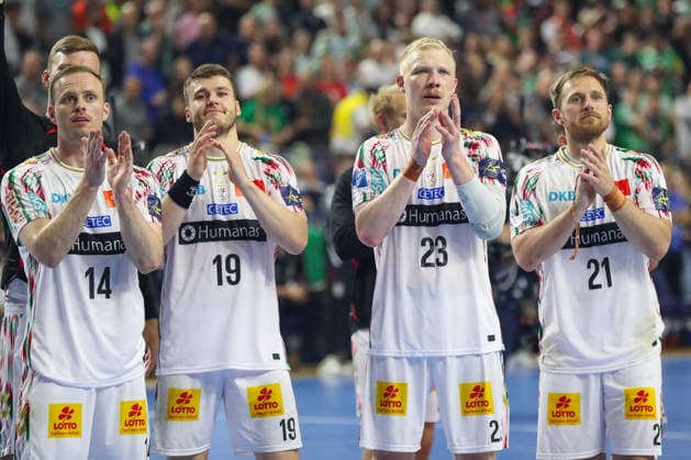 14 06 2026, xgox, Handball EHF Champions League Match for 3rd place SC Magdeburg Aalborg Handbold v l Omar Ingi Magnusson Magdeburg, 14 , Elvar Oern Jonsson Magdeburg, 19 , Magnus Saugstrup Magdeburg, 23 , Albin Lagergren Magdeburg, 21 Celebrating the victory, cheering after the end of the match Cologne