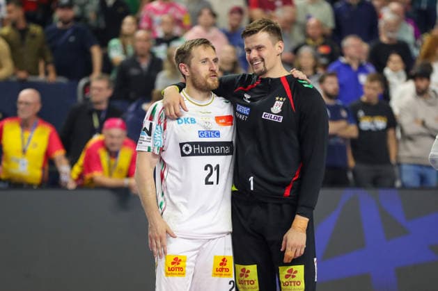 14 06 2026, xgox, Handball EHF Champions League match for 3rd place SC Magdeburg Aalborg Handbold v l Albin Lagergren Magdeburg, 21 , Sergey Hernandez Ferrer Magdeburg, 1 Cheering about the victory, cheering after the end of the match Cologne