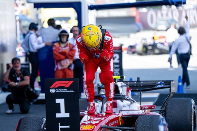ESP, MSC Cruises Grand Prix of Barcelona Catalunya, race, Formula 1 World Championship season 2026 14 06 2026, Circuit de Barcelona Catalunya, Barcelona, ESP, MSC Cruises Grand Prix of Barcelona Catalunya, race, Formula 1 World Championship season 2026, in the picture Lewis Hamilton Scuderia Ferrari HP, Great Britain, 44 celebrates his first victory with Ferrari at Parc Ferme and gets out of the car SF 26, nordphotoxGmbHx xMemmler nph00005