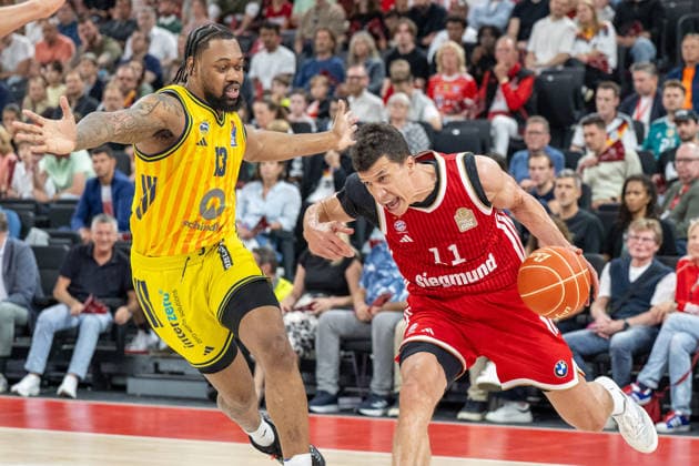 J wan Roberts 13 Alba Berlin in a duel with Vladimir Lucic 11 FC Bayern Basketball , FC Bayern Basketball vs Alba Berlin, BBL, Final 2, 14 06 2026 Munich Bavaria Germany Copyright: xkolbert-press UlrichxGamelx
