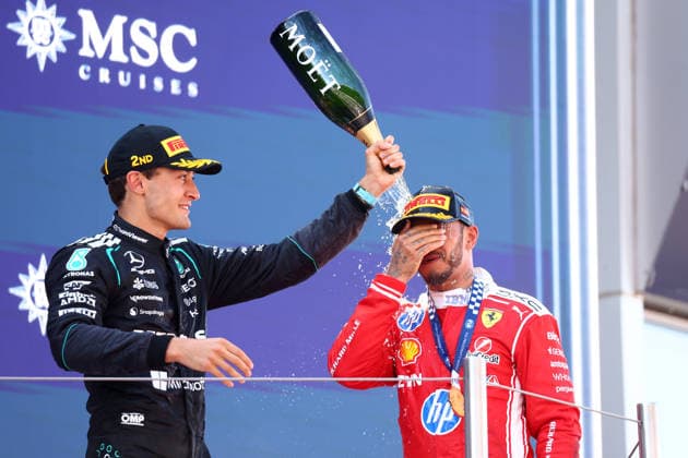F1 Gran Prix of Catalunya Lewis Hamilton of Scuderia Ferrari HP and George Russell of Mercedes AMG Petronas F1 Team celebrate on the podium during the F1 Grand Prix of Catalunya at Montemelo Circuit on June 14, 2026 in Barcelona, Spain. Barcelona Circuit de Catalunya Spain Copyright: xMarcoxCanonierox