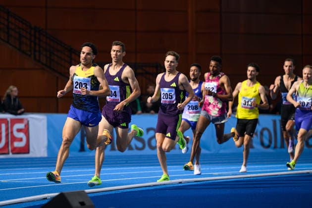 260614 Ignacio Fontes, Spain, Sam Prakel, USA, and Henry McLuckie, Great Britain, compete in the mens 1500 meters during the Folksam Grand Prix athletics competition on June 14, 2026 in Stockholm  Copyright: EMMAxWALLSKOG BB260614EW078
