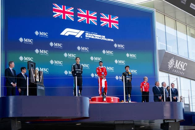 ESP, MSC Cruises Grand Prix of Barcelona Catalunya, Race, Formula 1 World Championship Season 2026 14 06 2026, Circuit de Barcelona Catalunya, Barcelona, ESP, MSC Cruises Grand Prix of Barcelona Catalunya, Race, Formula 1 World Championship Season 2026, pictured George Russell Mercedes AMG Petronas F1 Team, Great Britain, 63 , Lewis Hamilton Scuderia Ferrari HP, Great Britain, 44 , Lando Norris McLaren Mastercard Formula 1 Team, Great Britain, 01 on the podium at the podium ceremony during the British national anthem, nordphotoxGmbHx xMemmler nph00005