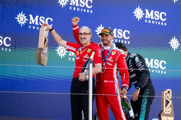 ESP, MSC Cruises Grand Prix of Barcelona Catalunya, race, Formula 1 World Championship season 2026 14 06 2026, Circuit de Barcelona Catalunya, Barcelona, ESP, MSC Cruises Grand Prix of Barcelona Catalunya, race, Formula 1 World Championship season 2026, pictured Carlos Santi Scuderia Ferrari, race engineer , Lewis Hamilton Scuderia Ferrari HP, Great Britain, 44 on the podium at the podium ceremony celebrating victory, nordphotoxGmbHx xMemmler nph00005