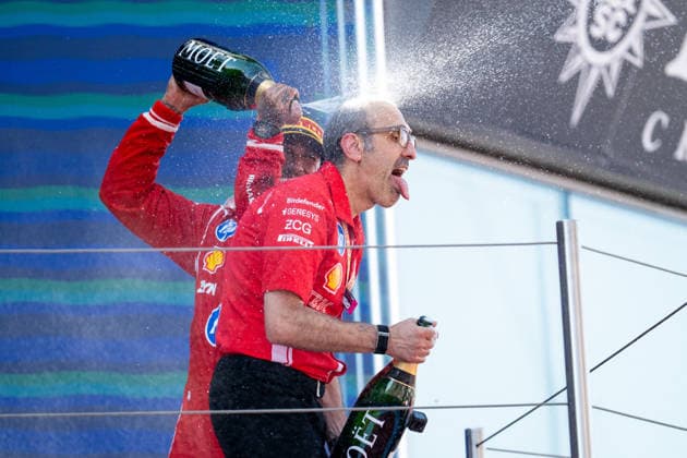 ESP, MSC Cruises Grand Prix of Barcelona Catalunya, Race, Formula 1 World Championship Season 2026 14 06 2026, Circuit de Barcelona Catalunya, Barcelona, ESP, MSC Cruises Grand Prix of Barcelona Catalunya, Race, Formula 1 World Championship Season 2026, pictured Carlos Santi Scuderia Ferrari, race engineer , Lewis Hamilton Scuderia Ferrari HP, Great Britain, 44 on the podium at the podium ceremony celebrating victory and spraying champagne, nordphotoxGmbHx xMemmler nph00005