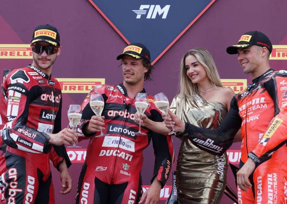 Foto Alessandro La Rocca LaPresse 14-06-2026, Misano World Circuit Marco Simoncelli Motociclismo-WSBK Fim Superbike World Championship, WM, Weltmeisterschaft Pirelli Emilia Romagna Round 12-14-June 2026 Gara 2 nella foto:Podium -NicolÃ² Bulega 1cl- Iker Lecuona 2cl.- Yari Montella 3cl -Ducati Photo Alessandro La Rocca LaPresse 2025 14 june, Misano World Circuit Marco Simoncelli Sport- Motorcycling - WSBK Fim Superbike World Championship-Pirelli Emilia Romagna Round-12-14-June 2026- Race 2 in the photo Podium -NicolÃ² Bulega 1cl- Iker Lecuona 2cl.- Yari Montella 3cl -Ducati  Copyright: x AlessandroxLaxRoccax-xLaPressex
