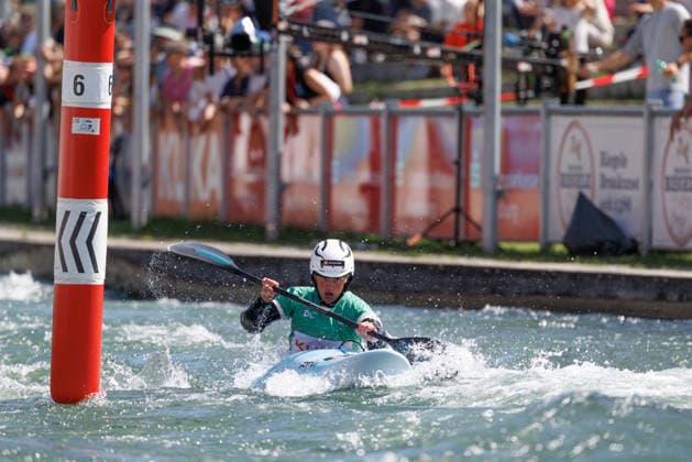 Tereza Kneblova CZE , Evy Leibfarth USA , Alena Marx SUI , Ricarda Funk GER at ICF CANOE SLALOM WORLD CUP, Canoeing, Women, Kayak Cross, 2026, on 14 06 2026 in Augsburg, Eiskanal Bayern Germany