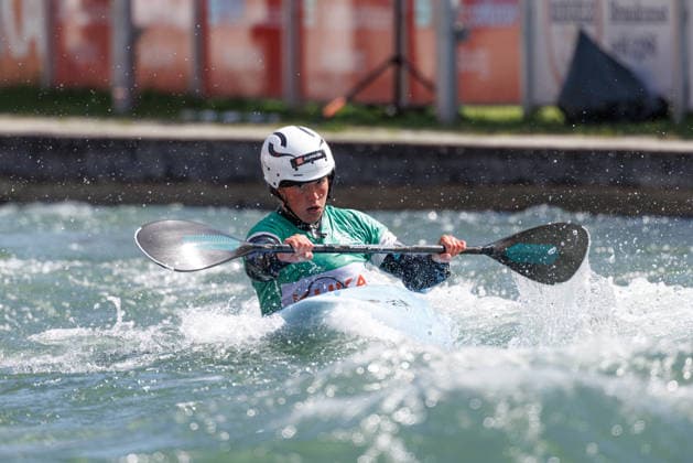 Tereza Kneblova CZE , Evy Leibfarth USA , Alena Marx SUI , Ricarda Funk GER at ICF CANOE SLALOM WORLD CUP, Canoeing, Women, Kayak Cross, 2026, on 14 06 2026 in Augsburg, Eiskanal Bayern Germany