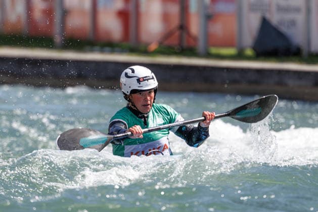 Tereza Kneblova CZE , Evy Leibfarth USA , Alena Marx SUI , Ricarda Funk GER at ICF CANOE SLALOM WORLD CUP, Canoeing, Women, Kayak Cross, 2026, on 14 06 2026 in Augsburg, Eiskanal Bayern Germany