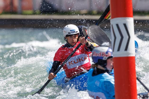 Tereza Kneblova CZE , Evy Leibfarth USA , Alena Marx SUI , Ricarda Funk GER at ICF CANOE SLALOM WORLD CUP, Canoeing, Women, Kayak Cross, 2026, on 14 06 2026 in Augsburg, Eiskanal Bayern Germany