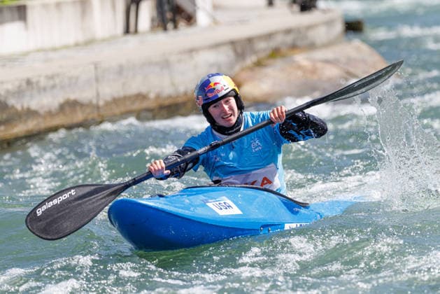 Tereza Kneblova CZE , Evy Leibfarth USA , Alena Marx SUI , Ricarda Funk GER at ICF CANOE SLALOM WORLD CUP, Canoeing, Women, Kayak Cross, 2026, on 14 06 2026 in Augsburg, Eiskanal Bayern Germany