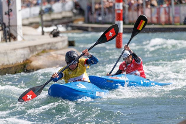 Tereza Kneblova (CZE), Evy Leibfarth (USA), Alena Marx (SUI), Ricarda Funk (GER) bei ICF CANOE SLALOM WORLD CUP, Kanusport, Frauen, Kayak Cross, 2026, am 14.06.2026 in Augsburg, Eiskanal. Bayern Deutschland *** Tereza Kneblova CZE , Evy Leibfarth USA , Alena Marx SUI , Ricarda Funk GER at ICF CANOE SLALOM WORLD CUP, Canoeing, Women, Kayak Cross, 2026, on 14 06 2026 in Augsburg, Eiskanal Bayern Germany