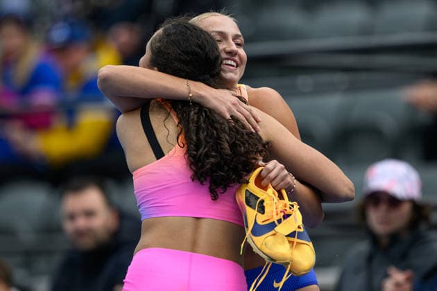 260614 Ayla Hallberg Hossain, Turebergs FK, and Maja Askag, Raby Rekarne FIF, after the womens long jump during the athletics competition Folksam Grand Prix on June 14, 2026 in Stockholm  Copyright: EMMAxWALLSKOG BB260614EW089