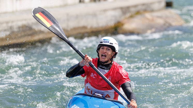 Ricarda Funk GER at ICF CANOE SLALOM WORLD CUP, Canoeing, Women, Kayak Cross, 2026, on 14 06 2026 in Augsburg, Eiskanal Bayern Germany