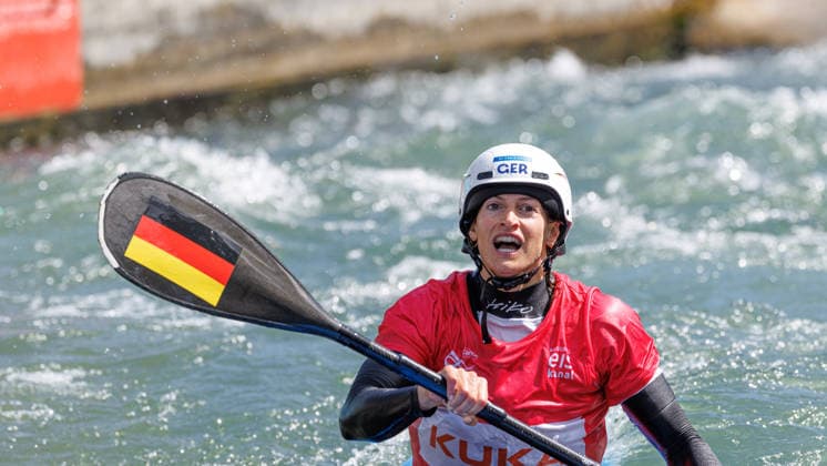 Ricarda Funk GER at ICF CANOE SLALOM WORLD CUP, Canoeing, Women, Kayak Cross, 2026, on 14 06 2026 in Augsburg, Eiskanal Bayern Germany