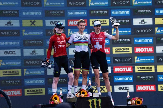 MOUNTAINBIKE - UCI MTB World Series LEOGANG,AUSTRIA,14.JUN.26 - CYCLING, MOUNTAIN BIKE - UCI Mountainbike World Cup, Cross-Country Olympic. Image shows Puck Pieterse (NED), Jenny Rissveds (SWE) and Alessandra Keller (SUI).  GEPAxpictures xJulioxArellano