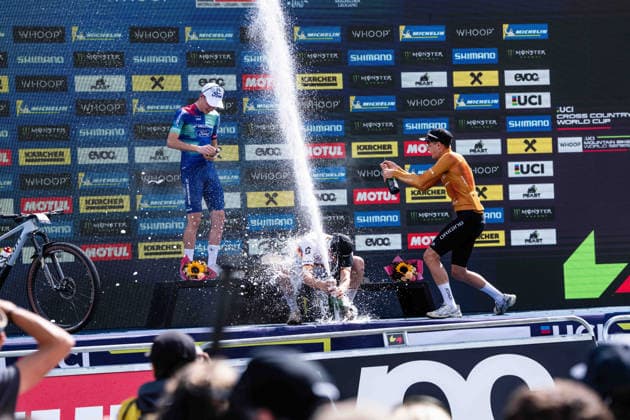 MOUNTAINBIKE - UCI MTB World Series LEOGANG,AUSTRIA,14.JUN.26 - CYCLING, MOUNTAIN BIKE - UCI Mountainbike World Cup, Cross-Country Olympic. Image shows Luca Martin (FRA), Adrien Boichis (FRA) and Riley Amos (USA).  GEPAxpictures xJulioxArellano