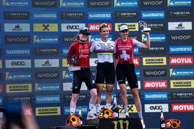 MOUNTAINBIKE - UCI MTB World Series LEOGANG,AUSTRIA,14.JUN.26 - CYCLING, MOUNTAIN BIKE - UCI Mountainbike World Cup, Cross-Country Olympic. Image shows Puck Pieterse (NED), Jenny Rissveds (SWE) and Alessandra Keller (SUI).  GEPAxpictures xJulioxArellano